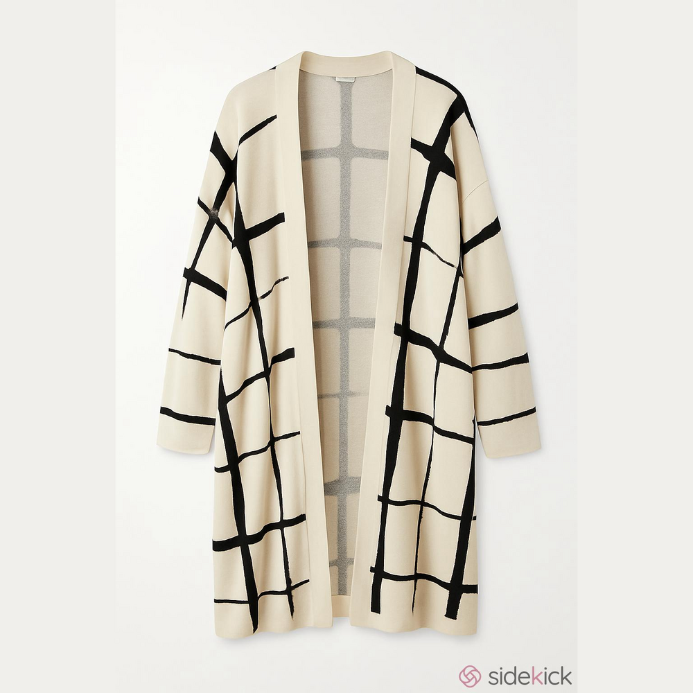 Chico's Lightweight Black and Cream Open-Front Windowpane Cardigan